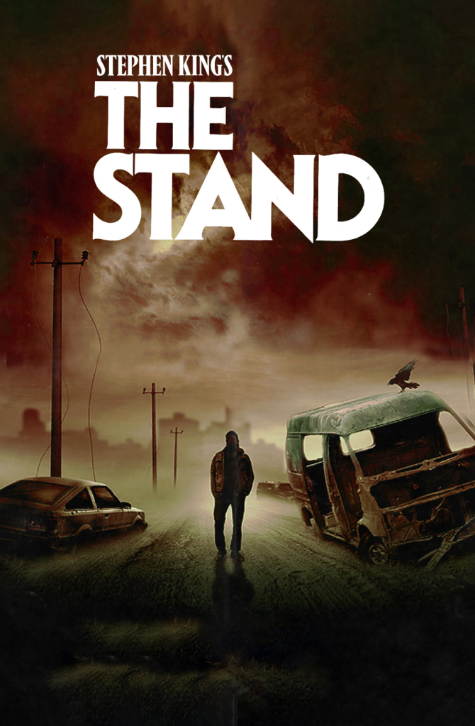 Man standing on road between wrecked cars. Cover art for Stephen King's The Stand.