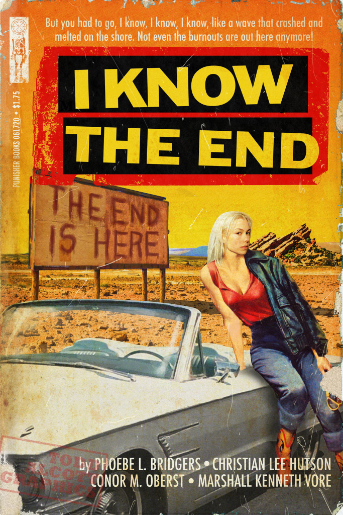 I Know The End by Phoebe Bridgers imagined as a pulp art print. Phoebe sits on a car in the desert.