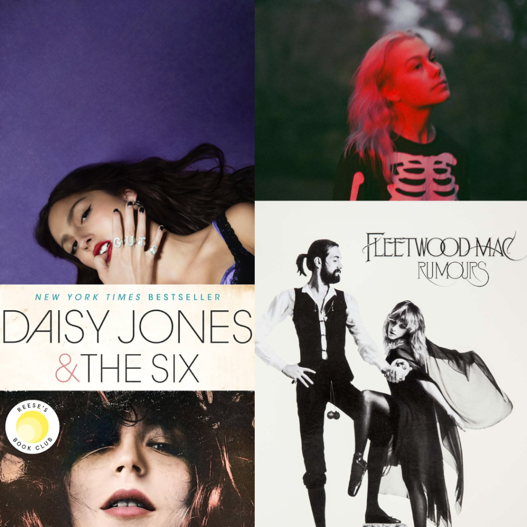 "If you love this song read this book" compilation image. Olivia Rodrigo, Phoebe Bridgers, Daisy Jones & the Six, Fleetwood Mac.
Image constructed using Canva.